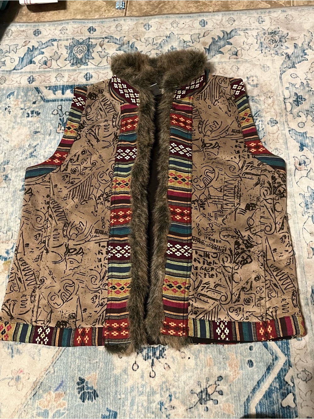 Chico's Brown Faux Fur Trim Patterned Southwestern Vest